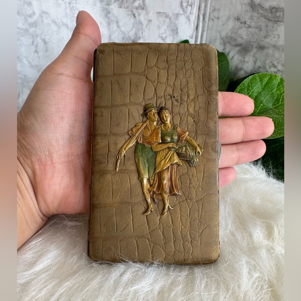 ANTIQUE CARD HOLDER. WITH ORIGINAL 4 SHEETS OF HAND MADE PAPER